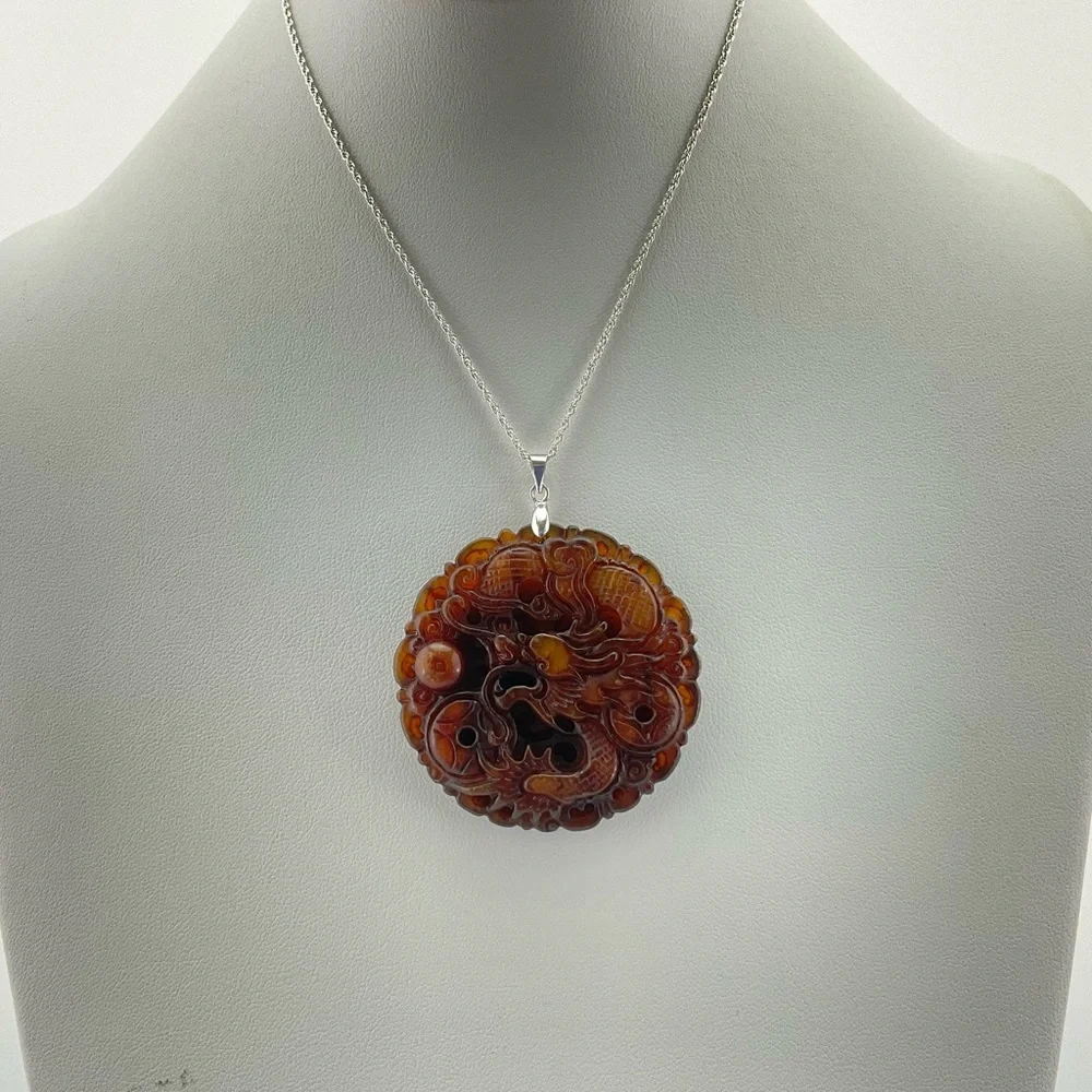 Jade Dragon Pendant, Handmade, Brown Jade, Lucky Stone, 18k Gold Plated Bail - Picture 7 of 11